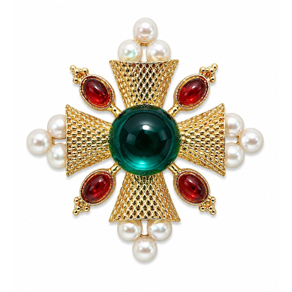 New Christmas Cross Brooch Gold Tone Faux Pearl Red Green Cabochon Holiday Pin